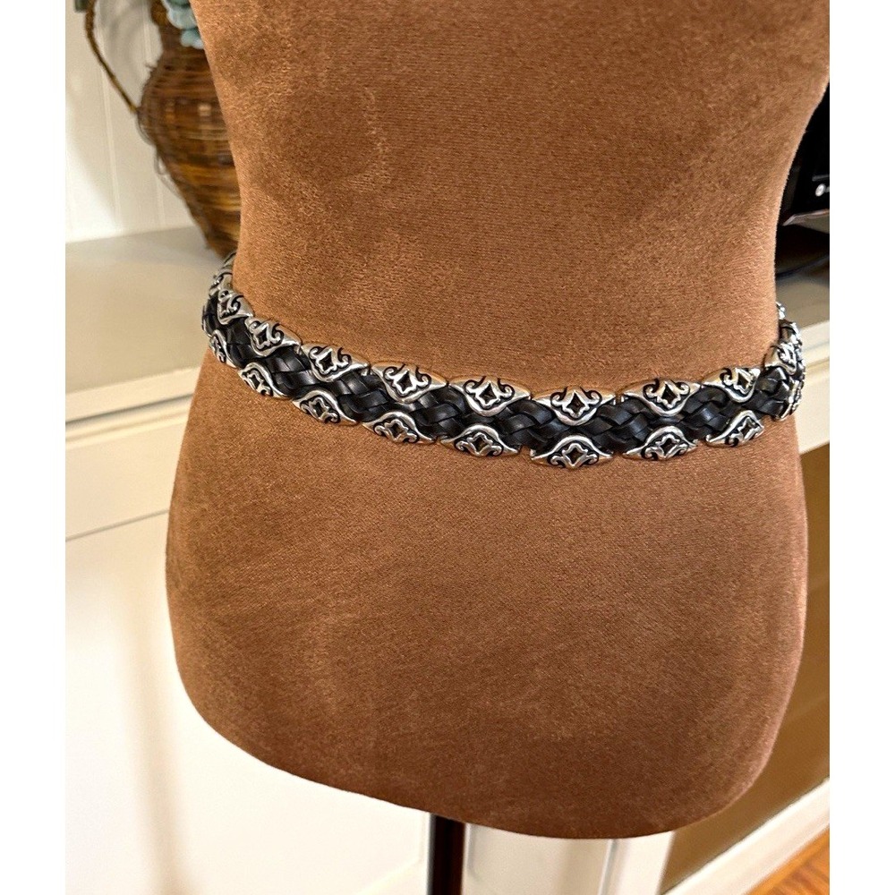 Brighton Women's Western Waist Belt Black/Brown Braided Silver Buckle Size S